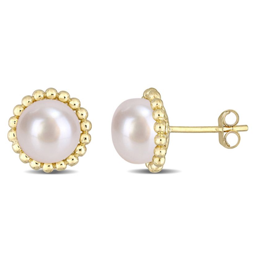 8-8.5MM Freshwater Cultured Pearl Stud Post Earrings in 10K Yellow Gold
