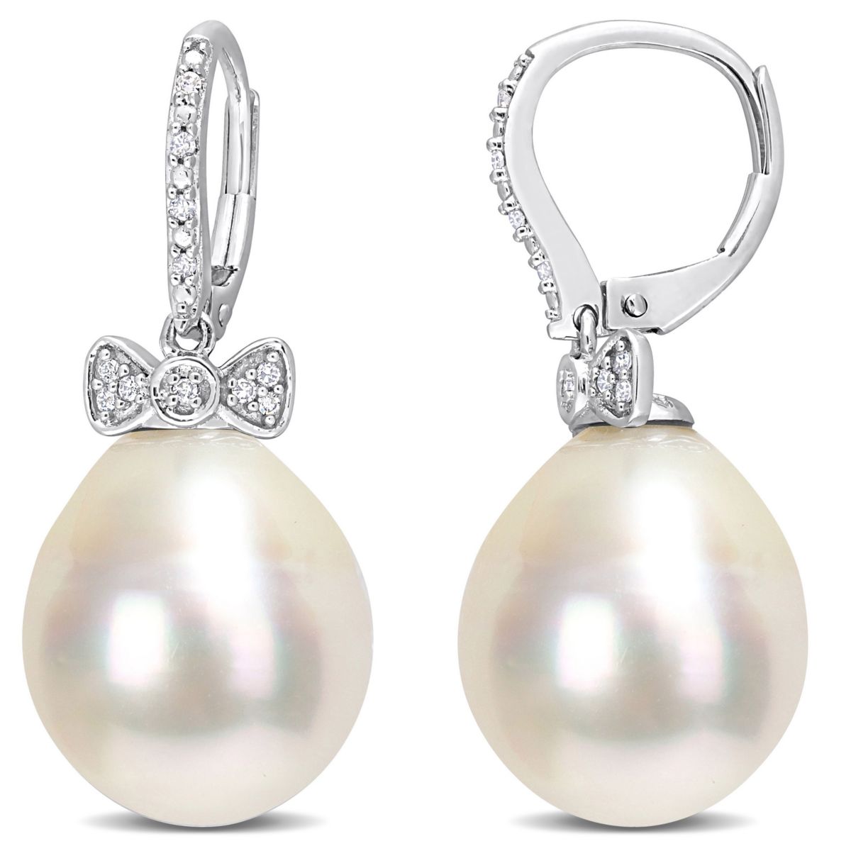 12-13MM White South Sea Cultured Pearl and 1/10 ct. t.w. Diamond Earrings in 14K White Gold