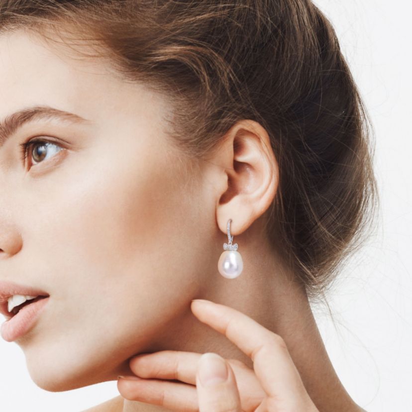 12-13MM White South Sea Cultured Pearl and 1/10 ct. t.w. Diamond Earrings in 14K White Gold