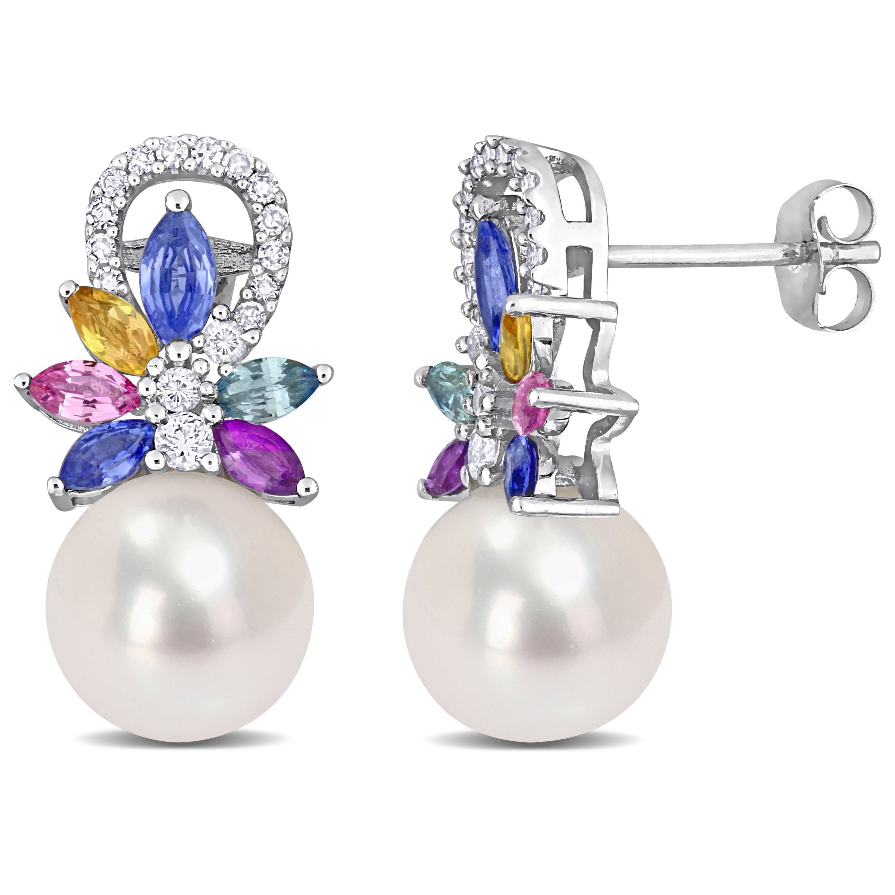 9-9.5MM White Freshwater Cultured Pearl, 1.7 ct. t.g.w. Multi-Color Sapphire and 1/8 ct. t.w. Diamond Stud Earrings in 14K White Gold