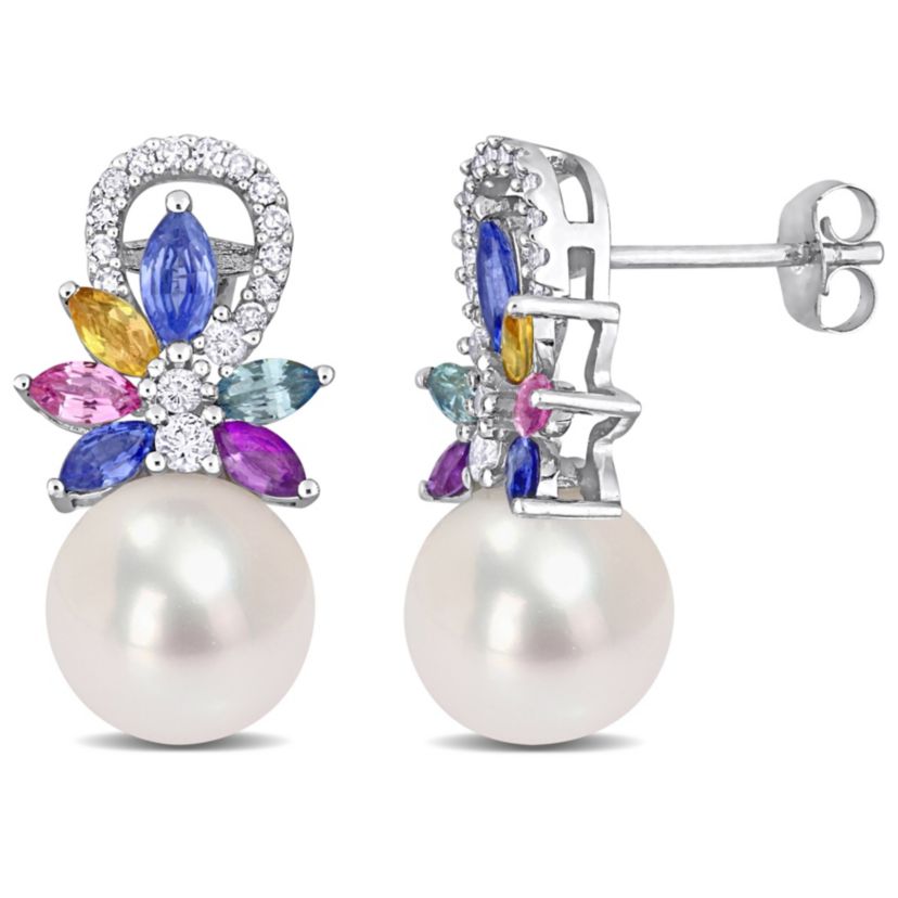 9-9.5MM White Freshwater Cultured Pearl, 1.7 ct. t.g.w. Multi-Color Sapphire and 1/8 ct. t.w. Diamond Stud Earrings in 14K White Gold