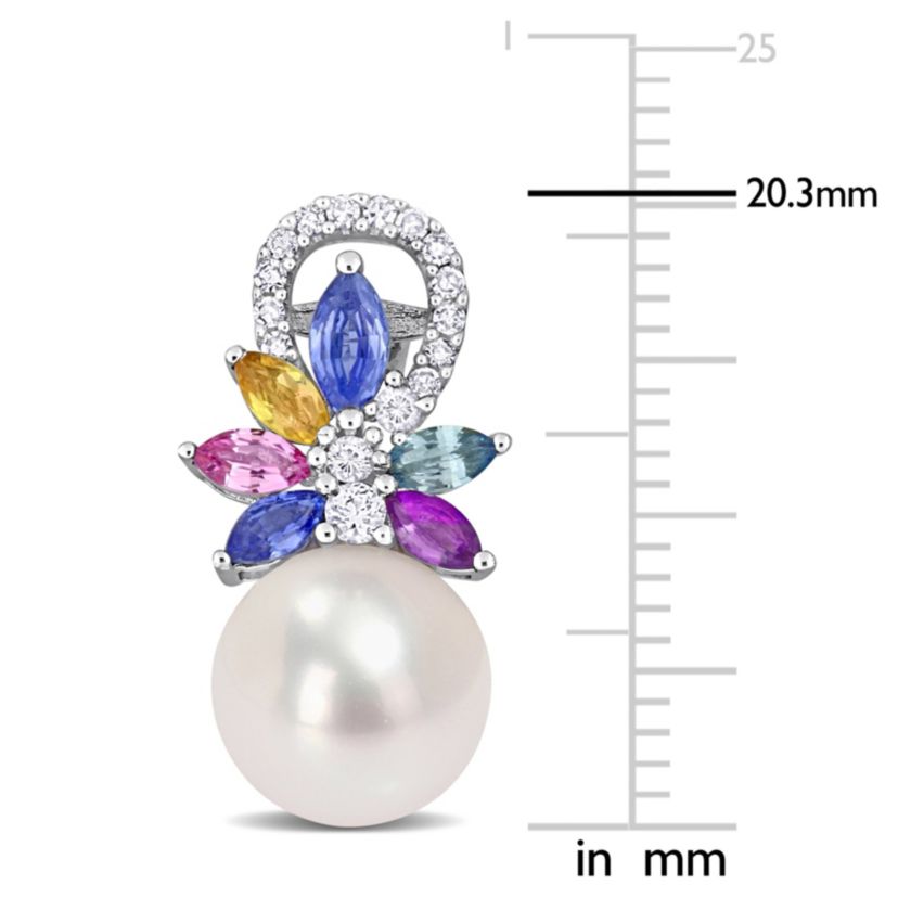 9-9.5MM White Freshwater Cultured Pearl, 1.7 ct. t.g.w. Multi-Color Sapphire and 1/8 ct. t.w. Diamond Stud Earrings in 14K White Gold