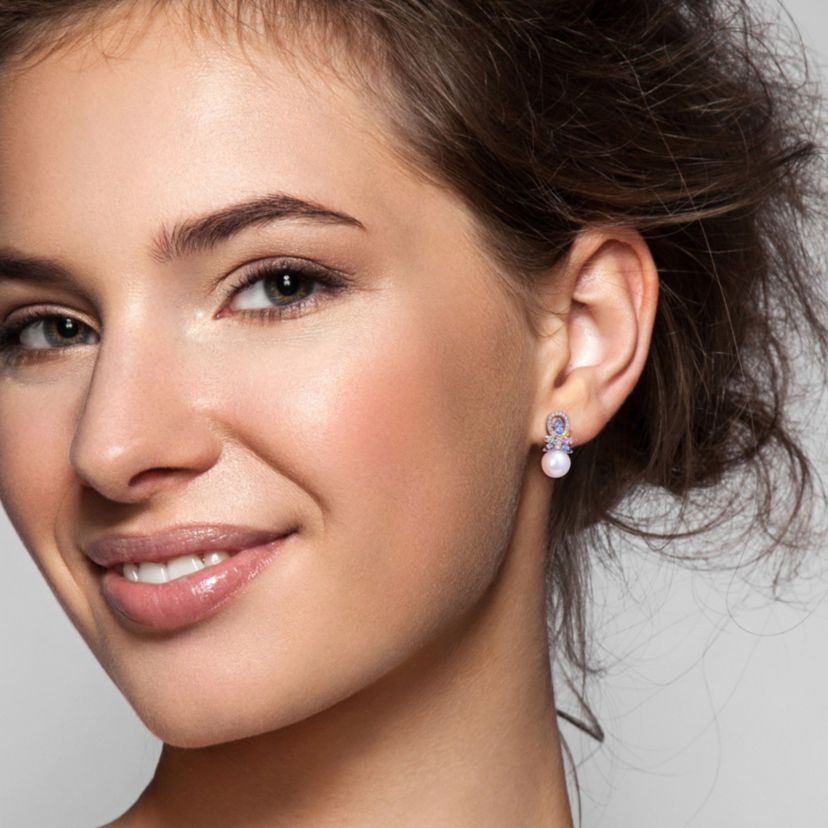 9-9.5MM White Freshwater Cultured Pearl, 1.7 ct. t.g.w. Multi-Color Sapphire and 1/8 ct. t.w. Diamond Stud Earrings in 14K White Gold