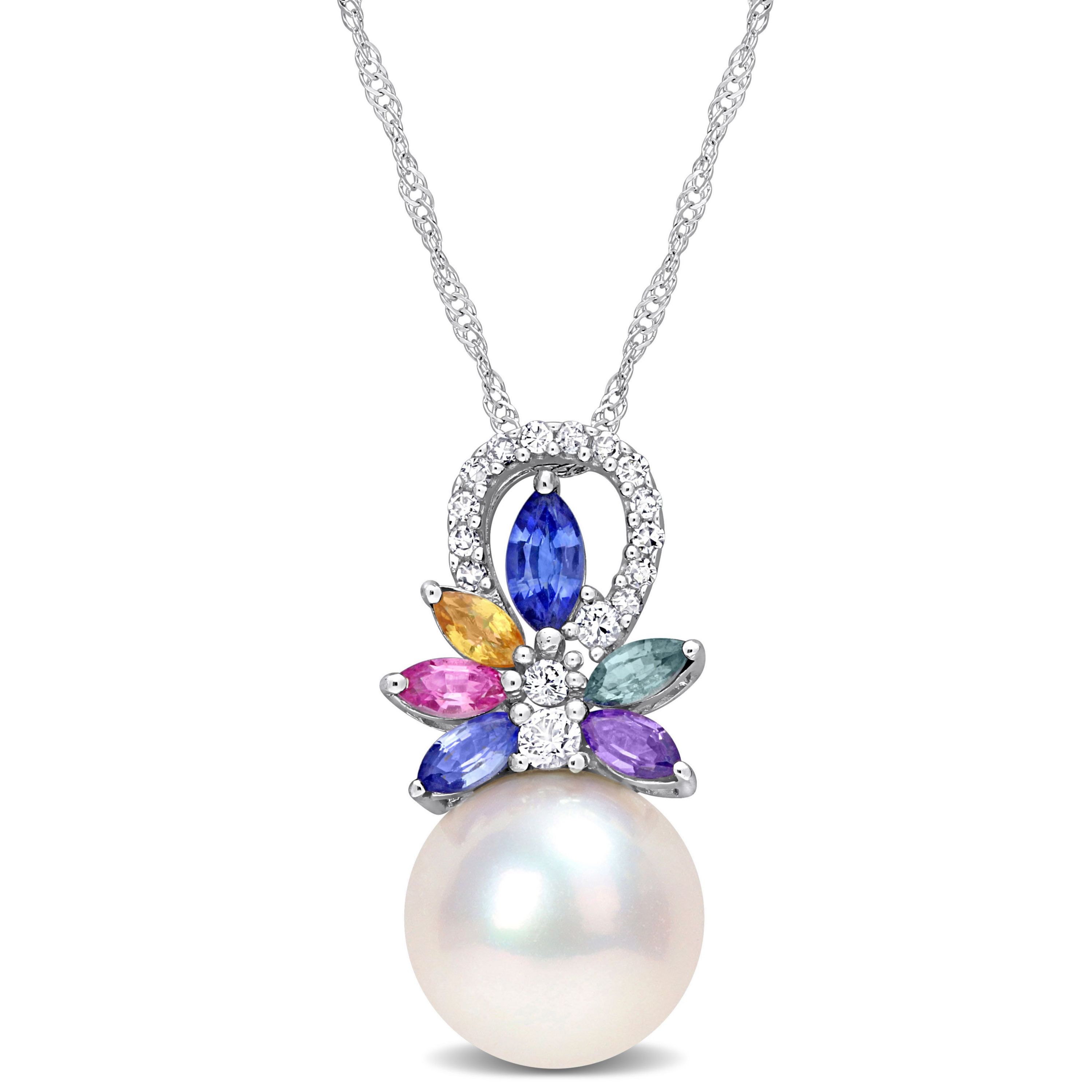 9.5-10MM White Freshwater Cultured Pearl, 4/5 ct. t.g.w. Multi-Color Sapphire and 1/10 ct. t.w. Diamond Pendant with Chain 14K White Gold