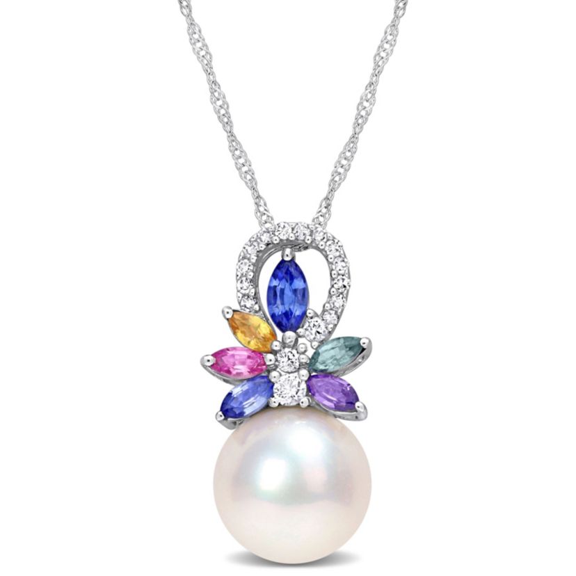 9.5-10MM White Freshwater Cultured Pearl, 4/5 ct. t.g.w. Multi-Color Sapphire and 1/10 ct. t.w. Diamond Pendant with Chain 14K White Gold