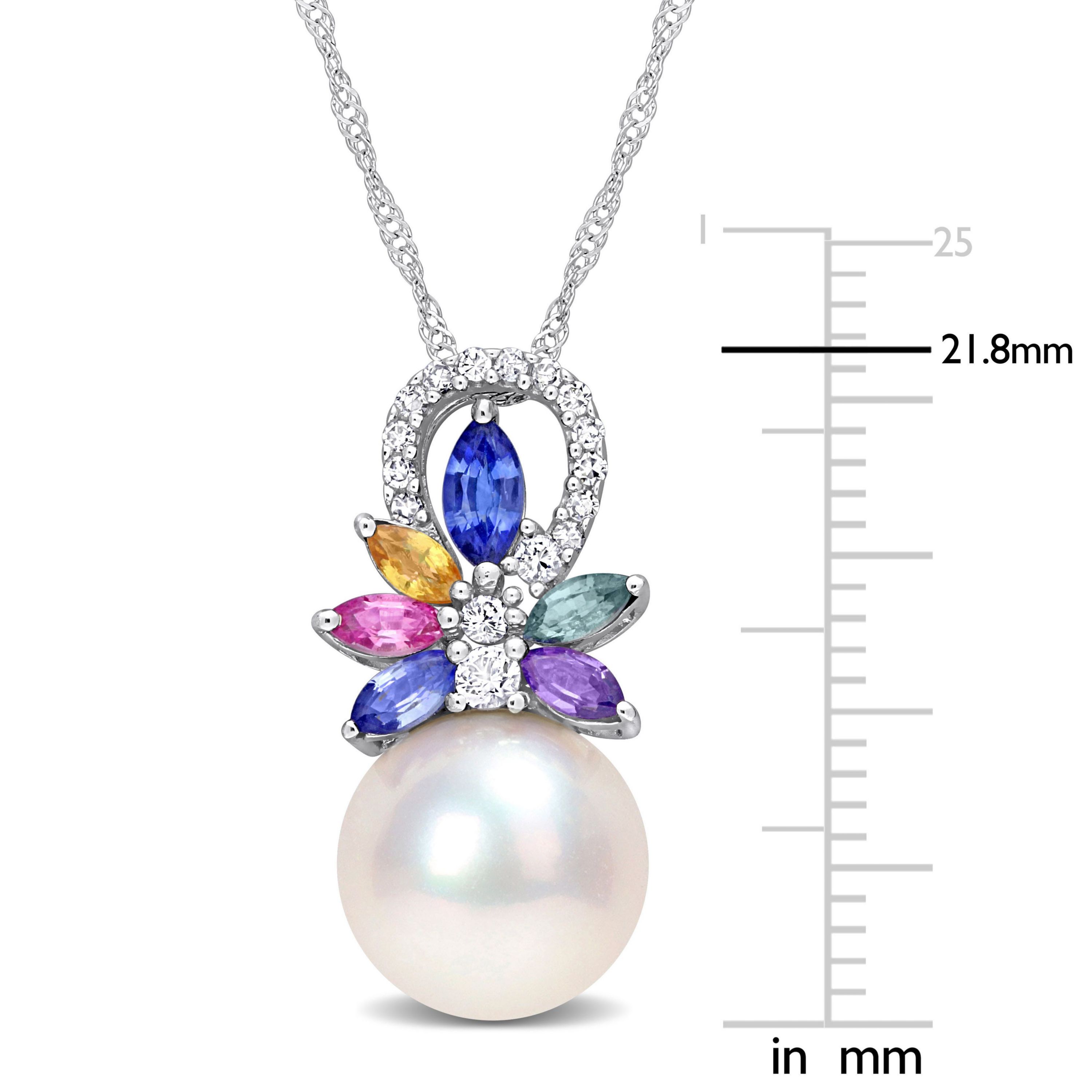 9.5-10MM White Freshwater Cultured Pearl, 4/5 ct. t.g.w. Multi-Color Sapphire and 1/10 ct. t.w. Diamond Pendant with Chain 14K White Gold