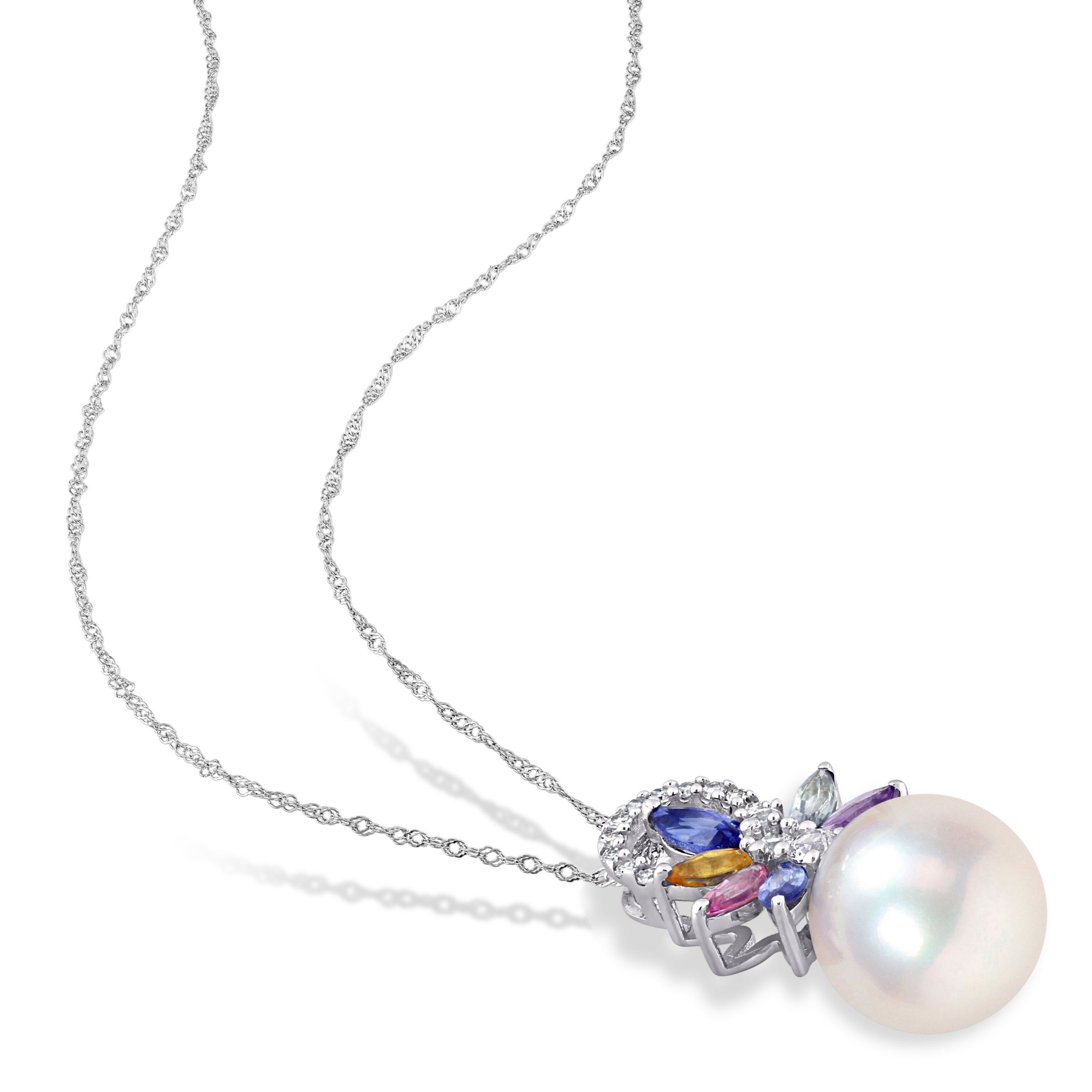 9.5-10MM White Freshwater Cultured Pearl, 4/5 ct. t.g.w. Multi-Color Sapphire and 1/10 ct. t.w. Diamond Pendant with Chain 14K White Gold