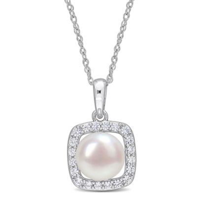 Belk & Co 7-7.5Mm White Freshwater Cultured Pearl And 1/5 Ct. T.g.w. Created White Sapphire Halo Pendant With Chain In 10K White Gold