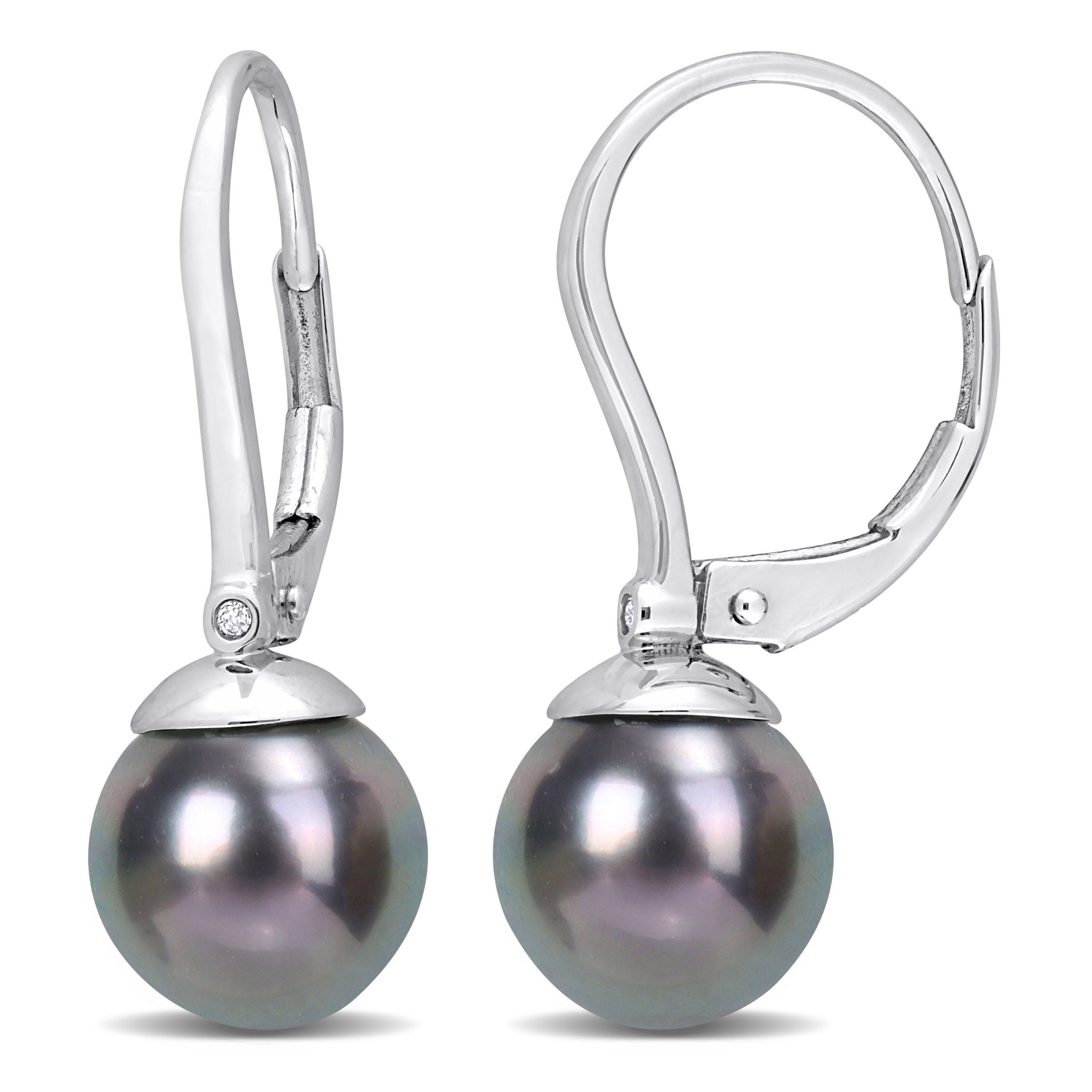 8-8.5MM Black Tahitian Cultured Pearl and 1/10 ct. t.w. Diamond Earrings 14K in White Gold