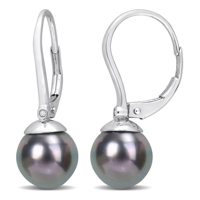 8-8.5MM Black Tahitian Cultured Pearl and 1/10 ct. t.w. Diamond Earrings 14K in White Gold