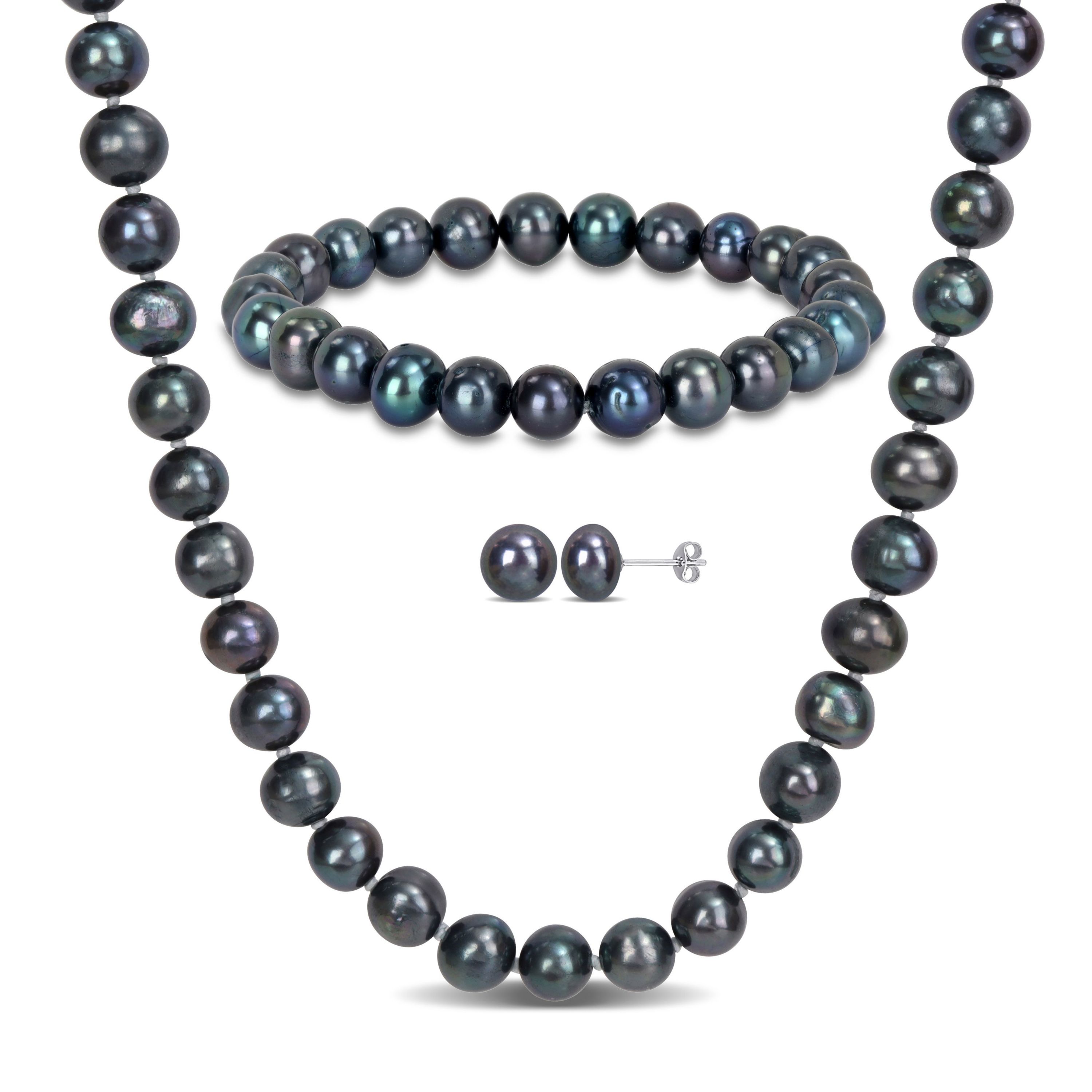 3-Piece Set of 7.5-8MM Black Freshwater Cultured Pearl Necklace, Bracelet and Earrings in Sterling Silver