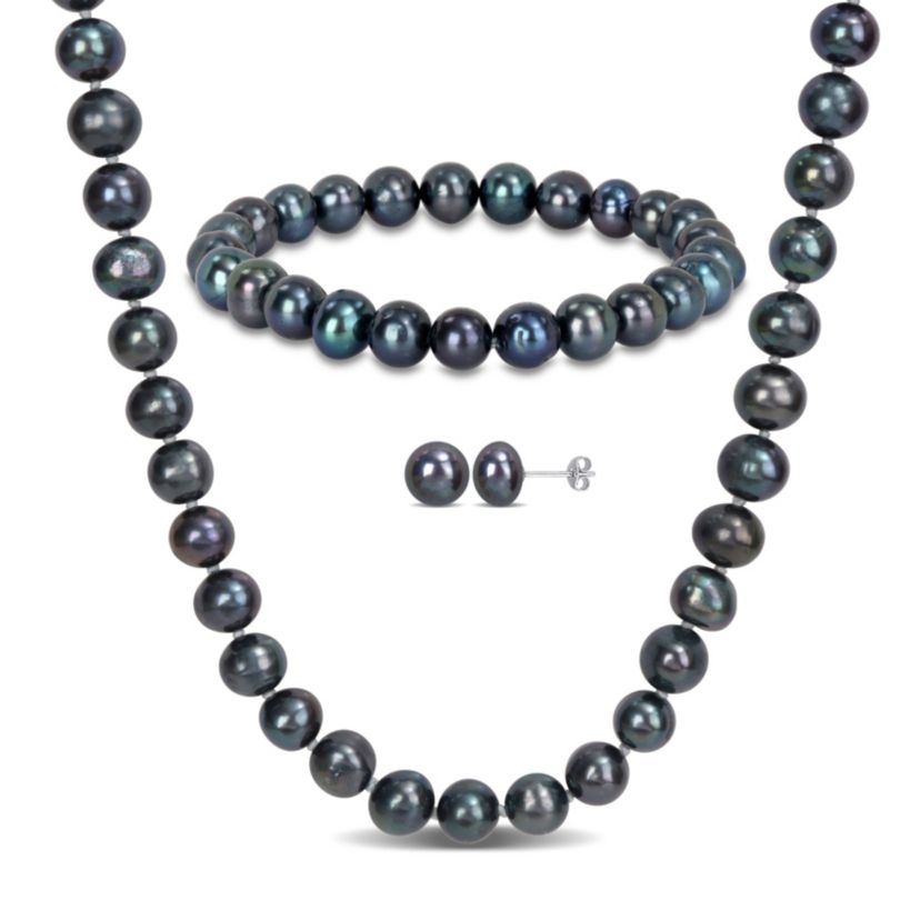 3-Piece Set of 7.5-8MM Black Freshwater Cultured Pearl Necklace, Bracelet and Earrings in Sterling Silver
