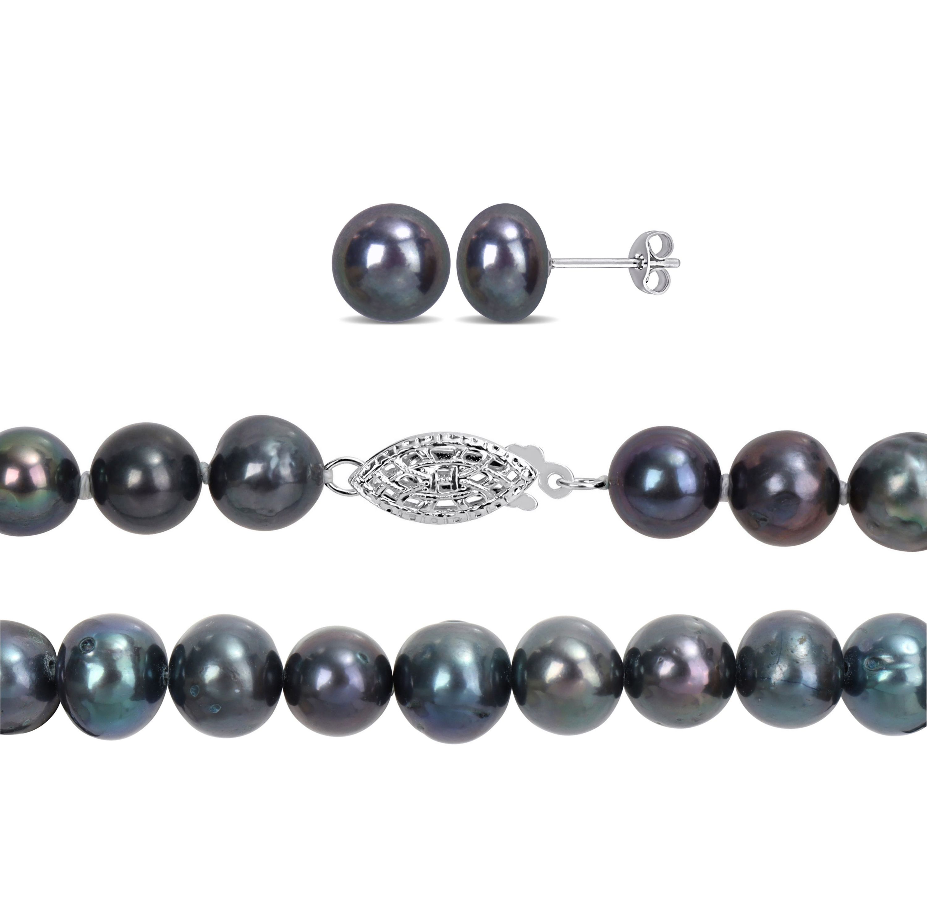 3-Piece Set of 7.5-8MM Black Freshwater Cultured Pearl Necklace, Bracelet and Earrings in Sterling Silver
