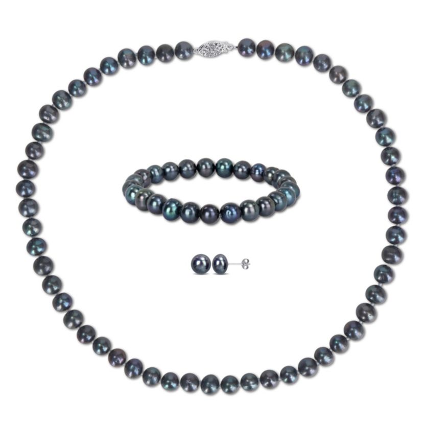 3-Piece Set of 7.5-8MM Black Freshwater Cultured Pearl Necklace, Bracelet and Earrings in Sterling Silver