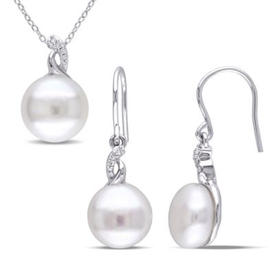 Belk & Co 2-Piece Set of 10.5-12.5MM Freshwater Cultured Pearl and 1/10 ct. t.w. Diamond Earrings and Pendant with Chain in Sterling Silver, White