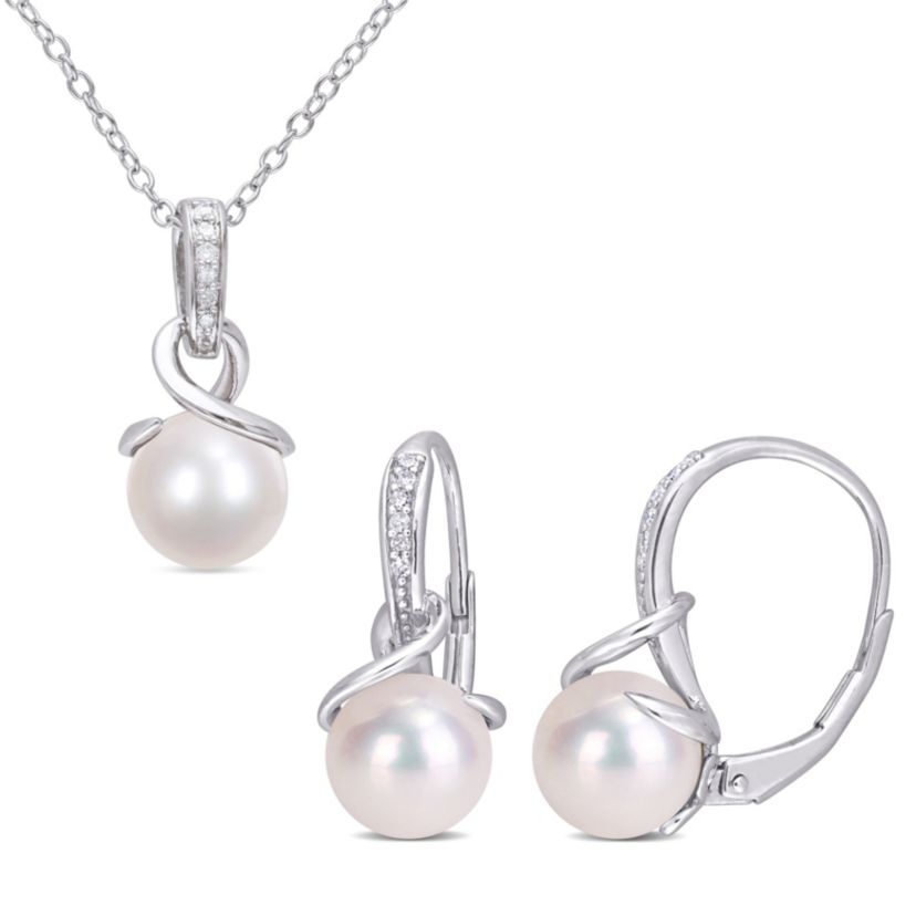 2-Piece Set of 8-8.5MM Freshwater Cultured Pearl and 1/10 ct. t.w. Diamond Earrings and Pendant with Chain in Sterling Silver