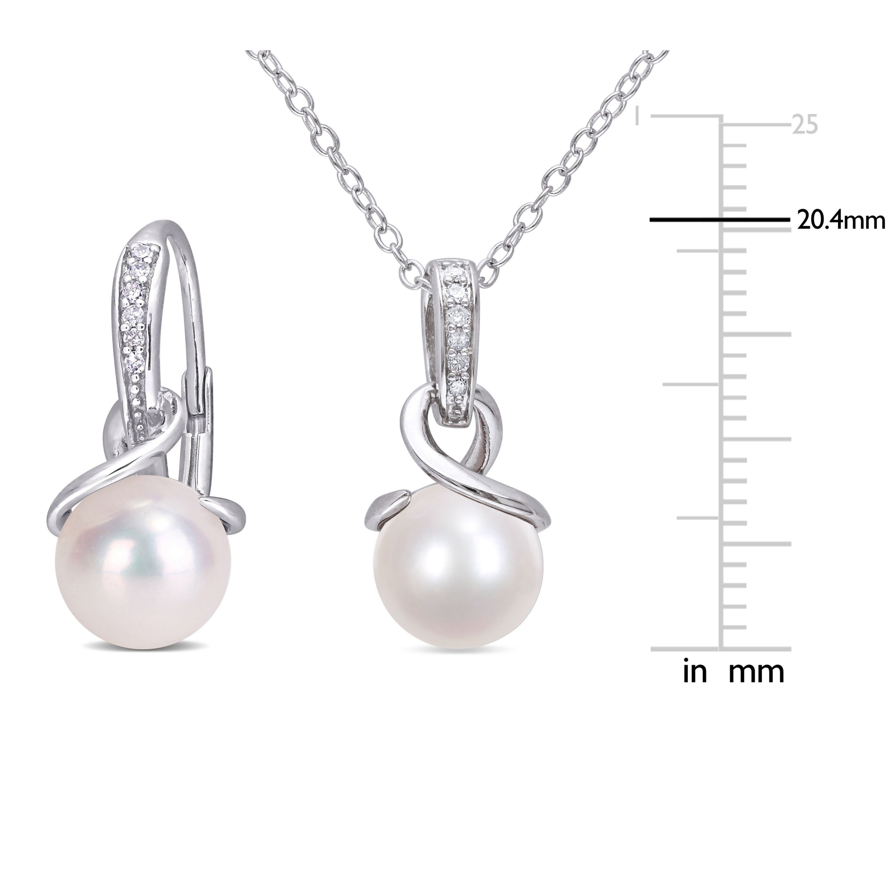 2-Piece Set of 8-8.5MM Freshwater Cultured Pearl and 1/10 ct. t.w. Diamond Earrings and Pendant with Chain in Sterling Silver