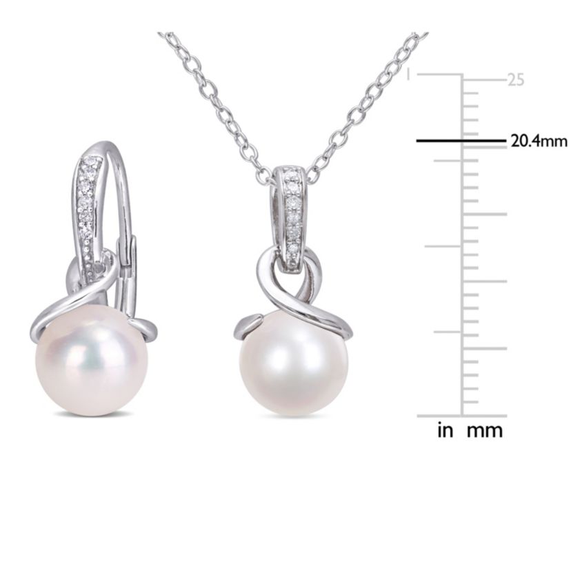 2-Piece Set of 8-8.5MM Freshwater Cultured Pearl and 1/10 ct. t.w. Diamond Earrings and Pendant with Chain in Sterling Silver