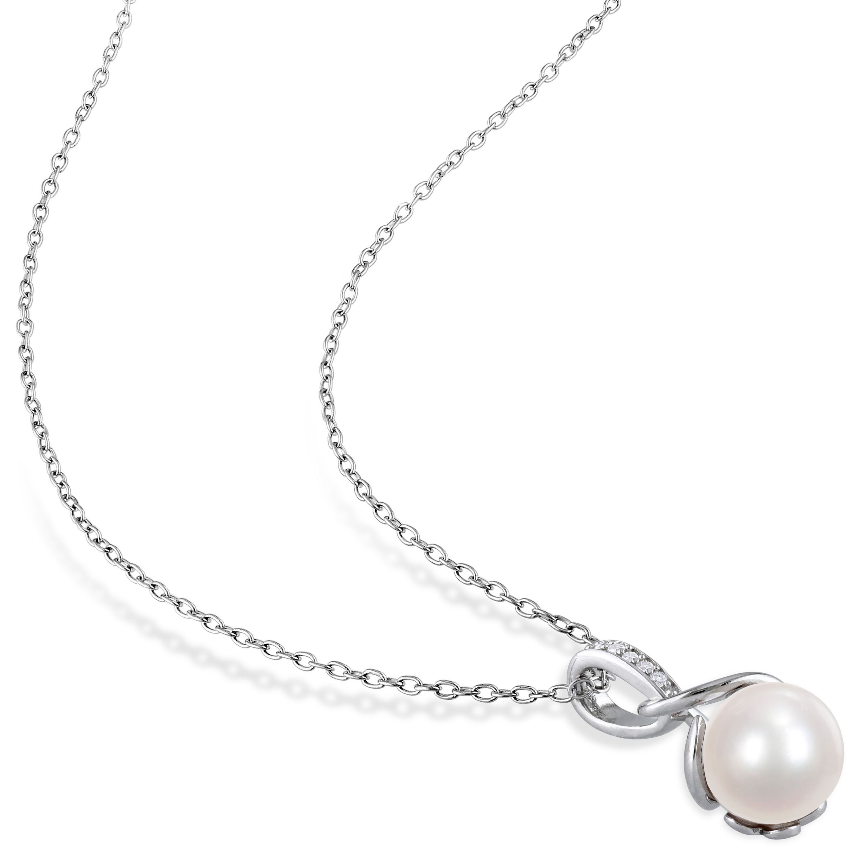 2-Piece Set of 8-8.5MM Freshwater Cultured Pearl and 1/10 ct. t.w. Diamond Earrings and Pendant with Chain in Sterling Silver