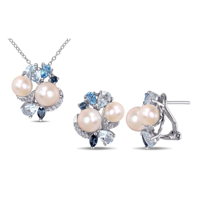 2-Piece Set of 6-8MM Freshwater Cultured Pearl and 4.83 ct. t.g.w. Created White Sapphire, Sky, Swiss and London Blue Topaz Earrings and Pendant with Chain in Sterling Silver
