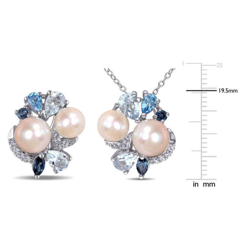 2-Piece Set of 6-8MM Freshwater Cultured Pearl and 4.83 ct. t.g.w. Created White Sapphire, Sky, Swiss and London Blue Topaz Earrings and Pendant with Chain in Sterling Silver