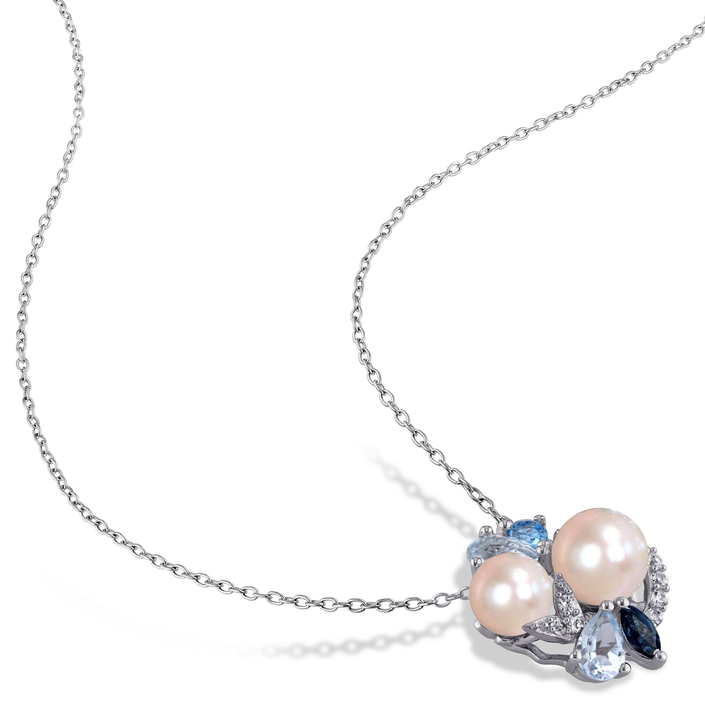 2-Piece Set of 6-8MM Freshwater Cultured Pearl and 4.83 ct. t.g.w. Created White Sapphire, Sky, Swiss and London Blue Topaz Earrings and Pendant with Chain in Sterling Silver