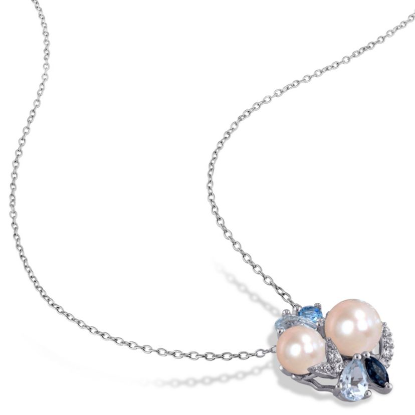 2-Piece Set of 6-8MM Freshwater Cultured Pearl and 4.83 ct. t.g.w. Created White Sapphire, Sky, Swiss and London Blue Topaz Earrings and Pendant with Chain in Sterling Silver