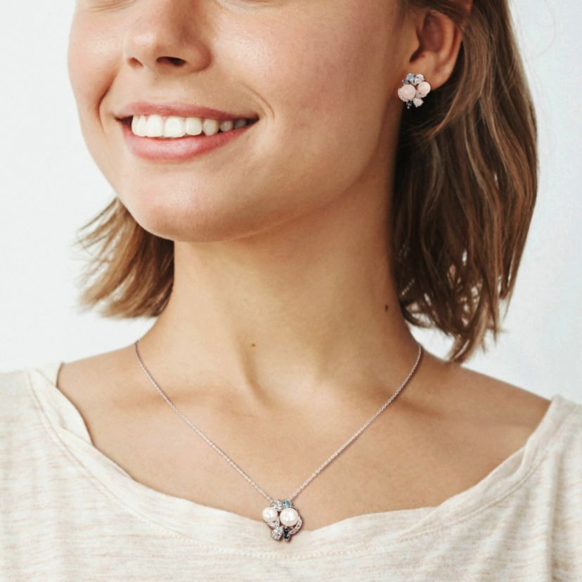 2-Piece Set of 6-8MM Freshwater Cultured Pearl and 4.83 ct. t.g.w. Created White Sapphire, Sky, Swiss and London Blue Topaz Earrings and Pendant with Chain in Sterling Silver