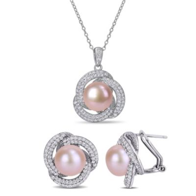 Haylee Jewels 2-Piece Set of 9.5-10.5MM Pink Freshwater Cultured Pearl and 2.39 ct. t.g.w. Cubic Zirconia Earrings and Pendant with Chain in Sterling