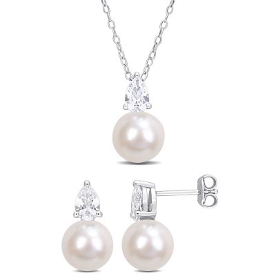 Belk & Co Lab Created 2-Piece Set of 8.5-9MM Freshwater Cultured Pearl and 2 ct. t.g.w. White Sapphire Earrings and Pendant with Chain in Sterling