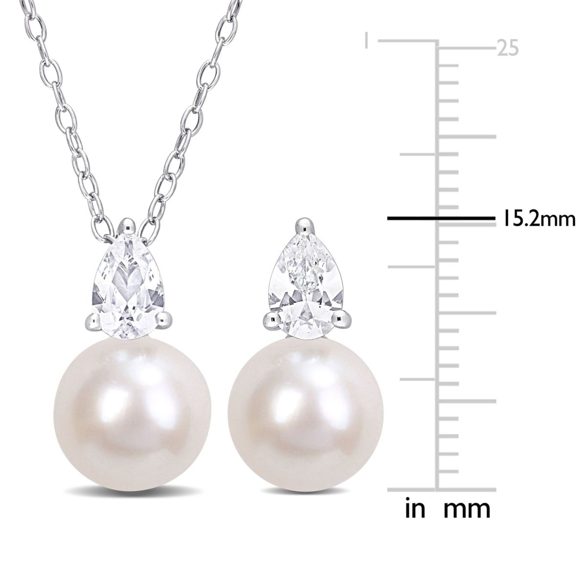 2-Piece Set of 8.5-9MM Freshwater Cultured Pearl and 2 ct. t.g.w. Created White Sapphire Earrings and Pendant with Chain in Sterling Silver