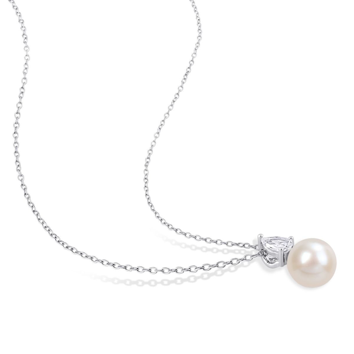 2-Piece Set of 8.5-9MM Freshwater Cultured Pearl and 2 ct. t.g.w. Created White Sapphire Earrings and Pendant with Chain in Sterling Silver