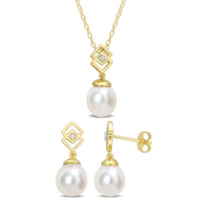 Belk & Co 2-Piece Set of 8-9MM White South Sea Cultured Pearl and 1/10 ct. t.g.w. White Topaz Earrings and Pendant with Chain Set in Yellow Plated -  0075000488769