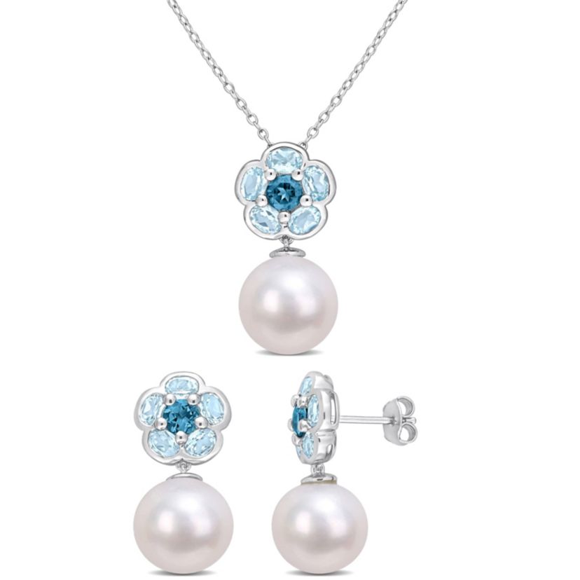 2-Piece Set of 11-12MM Freshwater Cultured Pearl and 4.65 ct. t.g.w. Sky and London Blue Topaz Earrings and Pendant with Chain in Sterling Silver