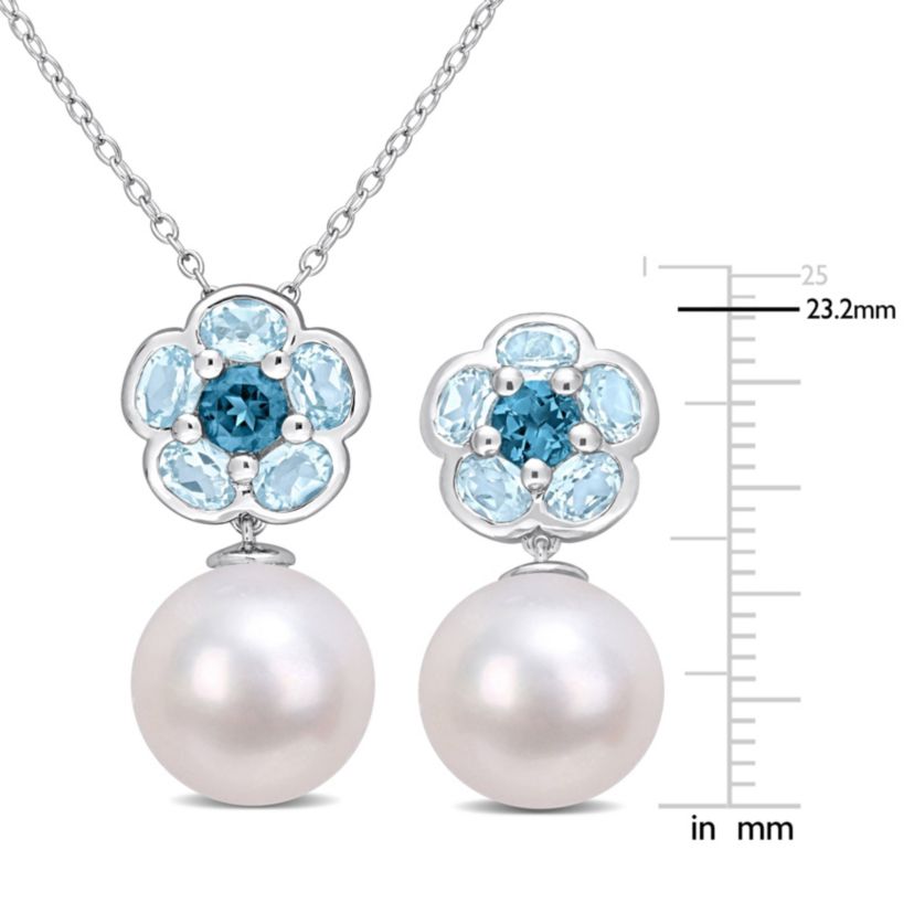 2-Piece Set of 11-12MM Freshwater Cultured Pearl and 4.65 ct. t.g.w. Sky and London Blue Topaz Earrings and Pendant with Chain in Sterling Silver