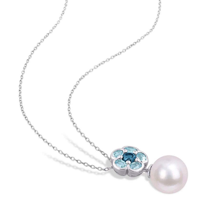 2-Piece Set of 11-12MM Freshwater Cultured Pearl and 4.65 ct. t.g.w. Sky and London Blue Topaz Earrings and Pendant with Chain in Sterling Silver