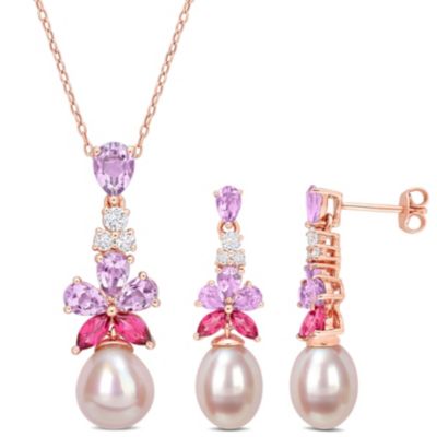 Belk & Co 2-Piece Set of 8.5-10MM Pink Freshwater Cultured Pearl and 4.82 ct. t.g.w. Rose De France, Pink and White Topaz Earrings and Pendant with
