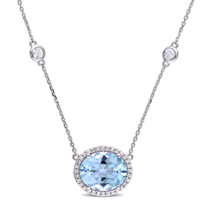 6.49 ct. t.g.w. Sky Blue Topaz and 1/6 ct. t.w. Diamond White Sapphire Necklace in 14K White Gold
