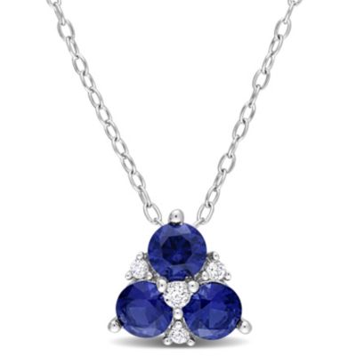 Belk & Co Lab Created 1.46 ct. t.g.w. Blue and White Sapphire 3-Stone Pendant with Chain in Sterling Silver