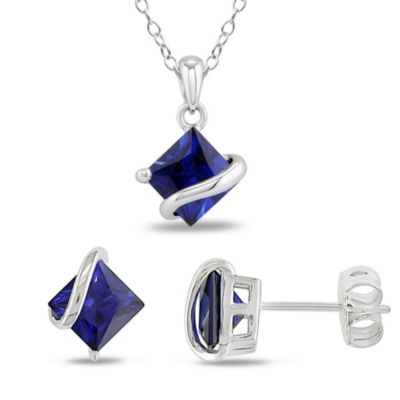 Belk & Co Lab Created 2-Piece Set of 4 ct. t.g.w. Blue Sapphire Wave Stud Earrings and Pendant with Chain in Sterling Silver