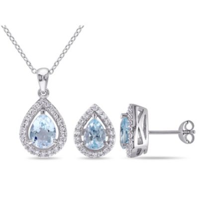 Belk & Co Lab Created 2-Piece Set of 3.9 ct. t.g.w. Sky Blue Topaz and Created White Sapphire Teardrop Halo Pendant with Chain and Stud Earrings in -  0075000460536