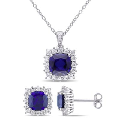 Belk & Co Lab Created 2-Piece Set of 8.60 ct. t.g.w. Blue Sapphire, White Sapphire and Diamond Accent Earrings and Pendant with Chain in Sterling