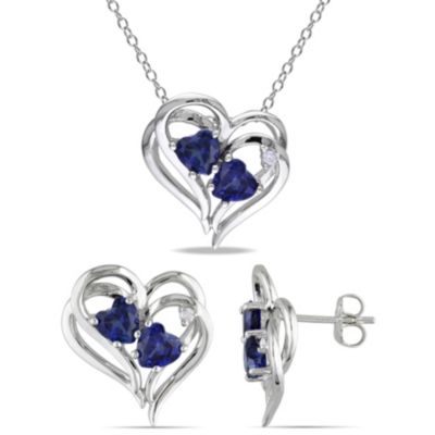 Belk & Co Lab Created 2-Piece Set of 3.40 ct. t.g.w. Created Blue Sapphire and 1/10 ct. t.w. Diamond Heart Earrings and Pendant with Chain in, White