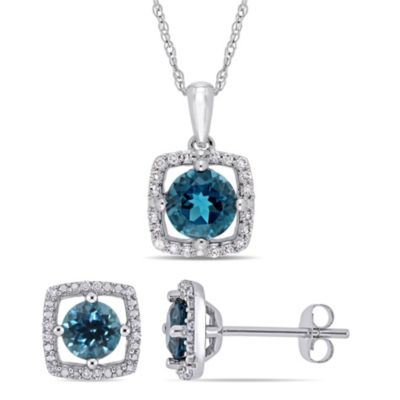 Lab Created 2-Piece Set Of 2.10 Ct. T.g.w. London Blue Topaz And 1/6 Ct. T.w. Diamond Halo Earrings And Pendant With Chain In 10K White Gold -  Belk & Co