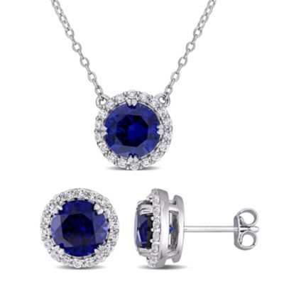 Belk & Co Lab Created 2-Piece Set of 8.25 ct. t.g.w. Created Blue Sapphire and Created White Sapphire Halo Earring and Pendant with Chain in Sterling -  0075000460758