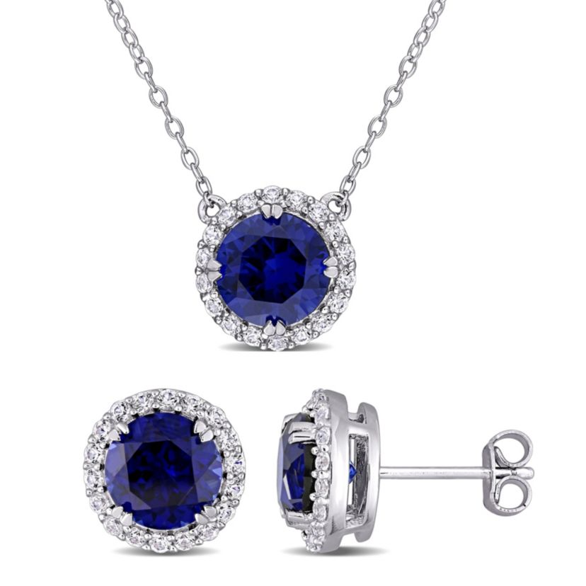 Lab Created 2-Piece Set of 8.25 ct. t.g.w. Created Blue Sapphire and Created White Sapphire Halo Earring and Pendant with Chain in Sterling Silver