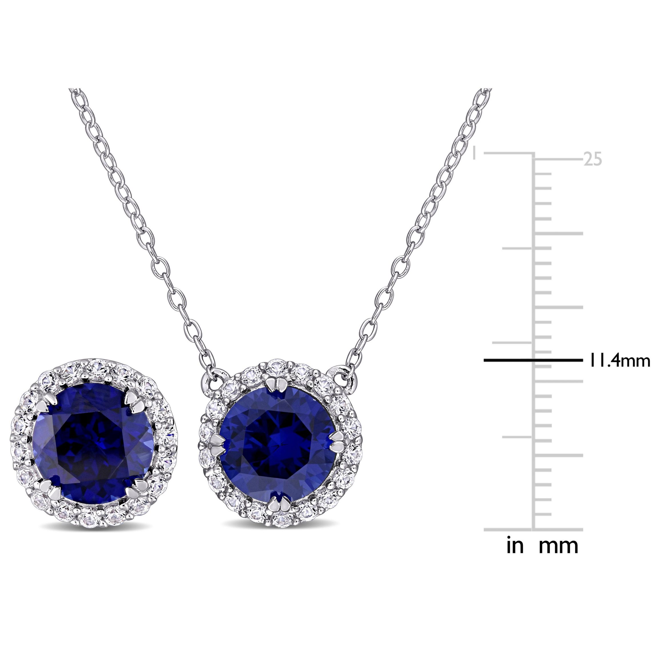 Lab Created 2-Piece Set of 8.25 ct. t.g.w. Created Blue Sapphire and Created White Sapphire Halo Earring and Pendant with Chain in Sterling Silver