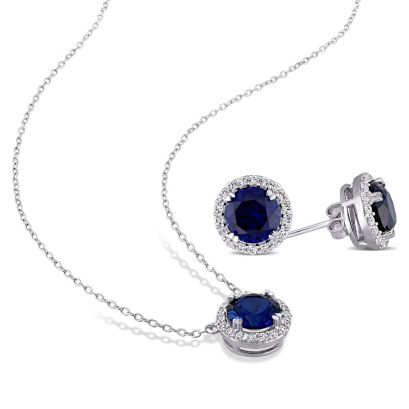 Lab Created 2-Piece Set of 8.25 ct. t.g.w. Created Blue Sapphire and Created White Sapphire Halo Earring and Pendant with Chain in Sterling Silver