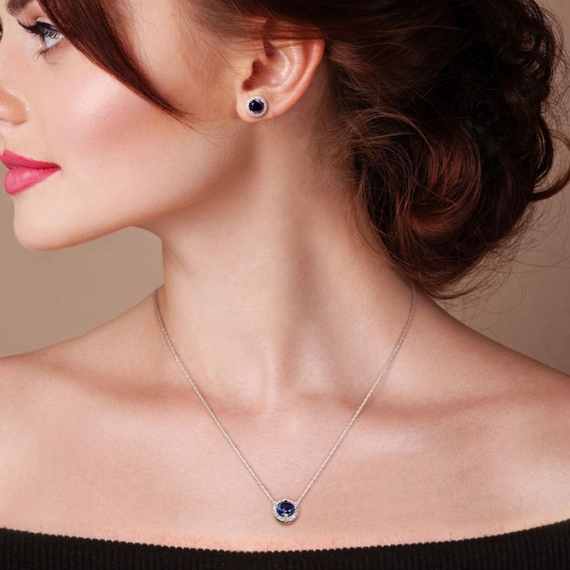Lab Created 2-Piece Set of 8.25 ct. t.g.w. Created Blue Sapphire and Created White Sapphire Halo Earring and Pendant with Chain in Sterling Silver