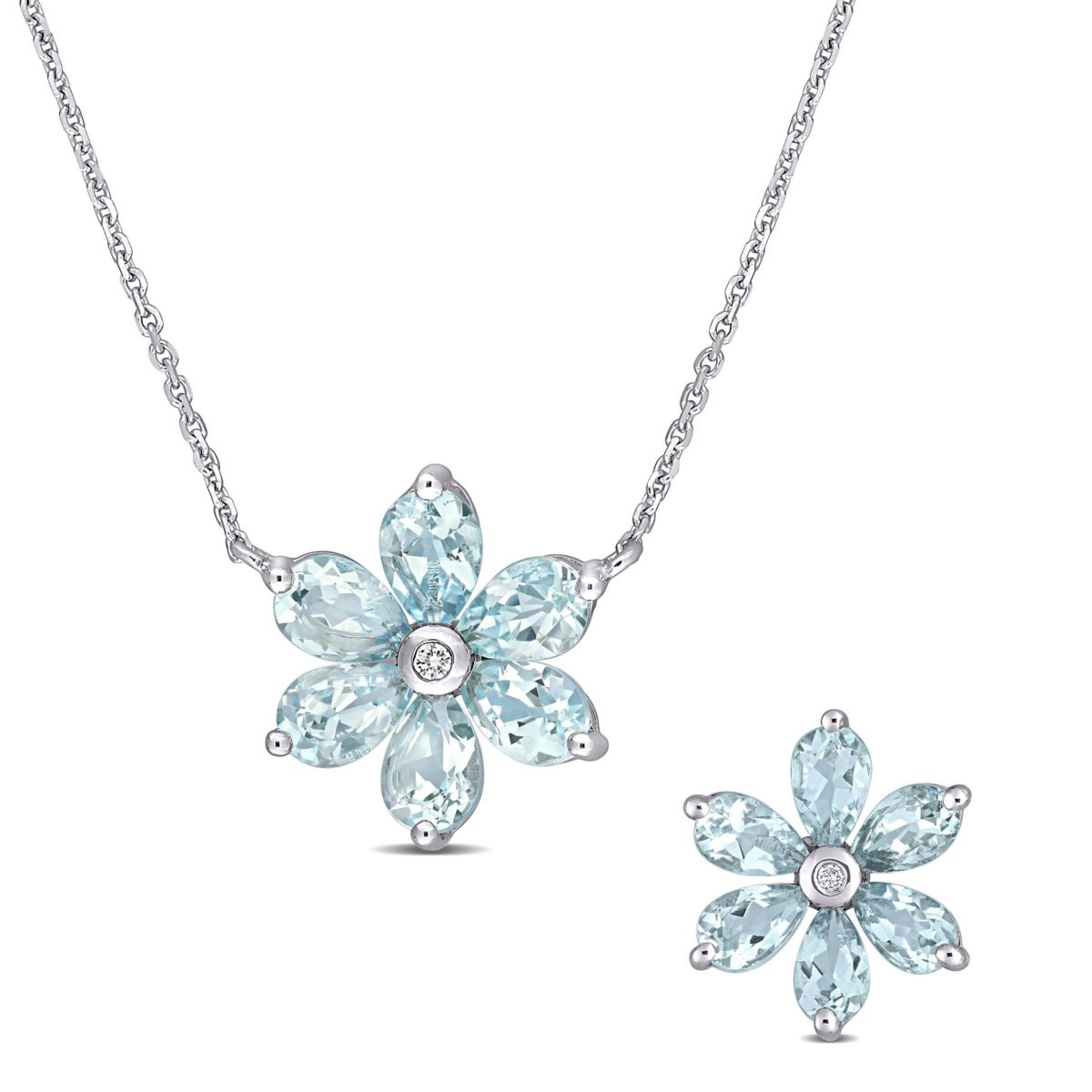 2-Piece Set of 4.55 ct. t.g.w. Aquamarine and 1/10 ct. t.w. Diamond Floral Earrings and Pendant with Chain in 14K White Gold